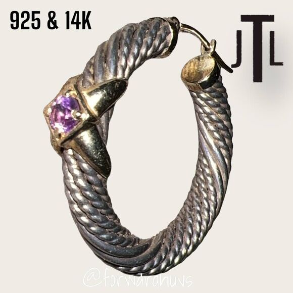 JTL Sterling Silver & 14K Gold Twisted Hoop Earrings – Amethyst Gemstone Accents - Picture 3 of 13